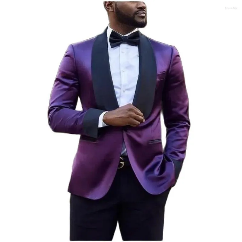 メンズスーツ男性紫色のジャケットブラックパンツ花groomのタキシードフォーマルマンスーツ服2ピーススリムフィットプロムセット
