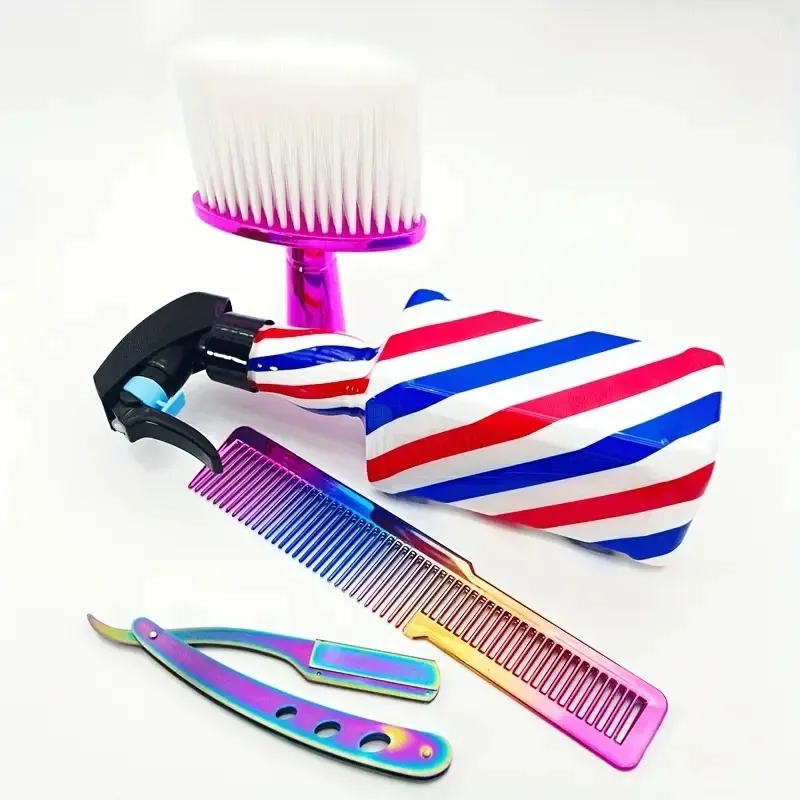 Outils de coiffure de salon de coiffure professionnel 4pcs / Set avec bouteille de pulvérisation vide, brosse à cheveux de balayage, peigne de coiffure, rasoir à bord droit