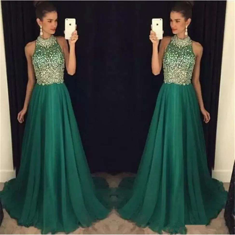 Bling Emerald Green Prom Dresses Long 2022 High Neck Crystal Beaded Formal Women aftonklänningar Sheer A Line Chiffon Party Dress219L