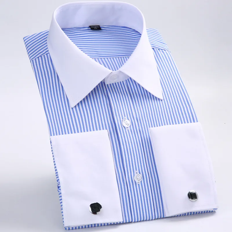 Camicie casual da uomo Camicia classica da uomo con polsini alla francese a righe Camicia singola con tasca applicata Camicie da matrimonio a maniche lunghe standard con gemelli inclusi 230807