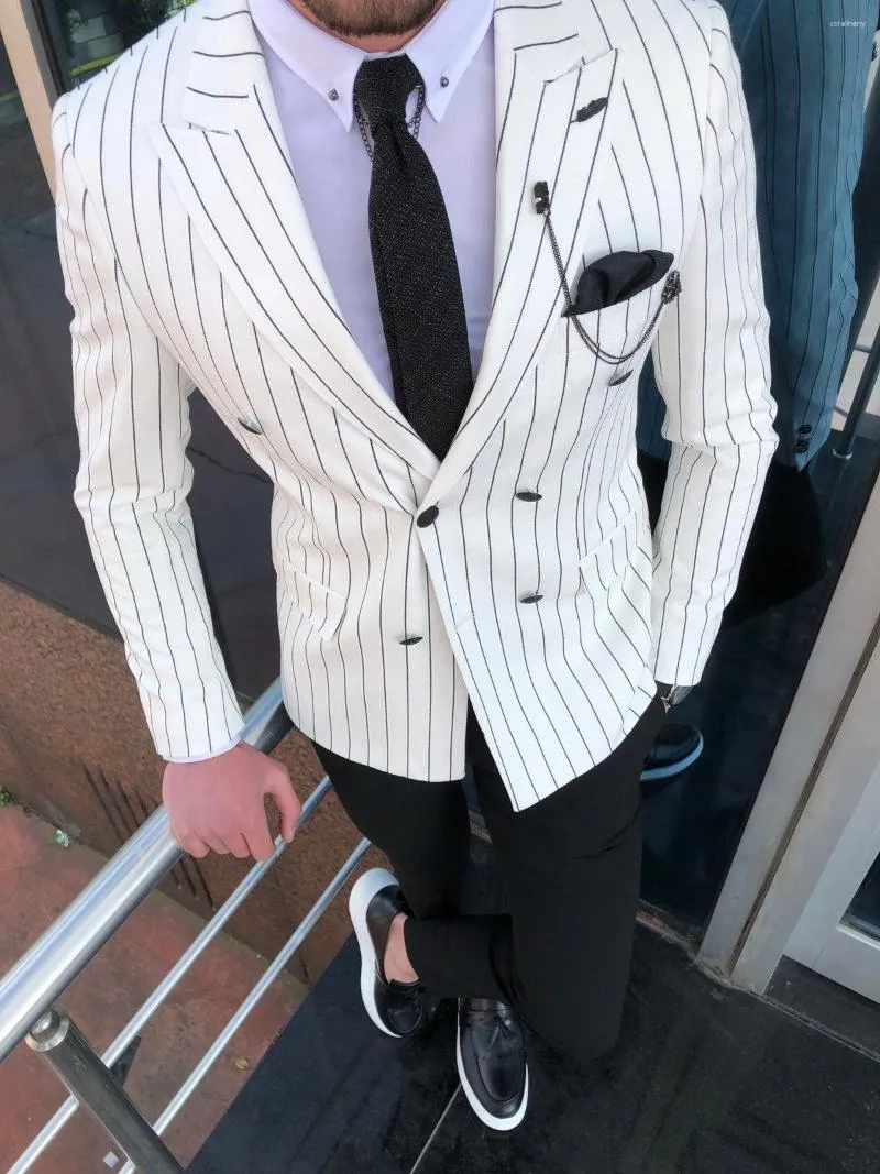 Herenpakken Lente Witte Streep Voor Mannen Double Breasted Smart Business Slim Fit 2 Stuk Fashion Design Mannelijke Kleding Custom Made