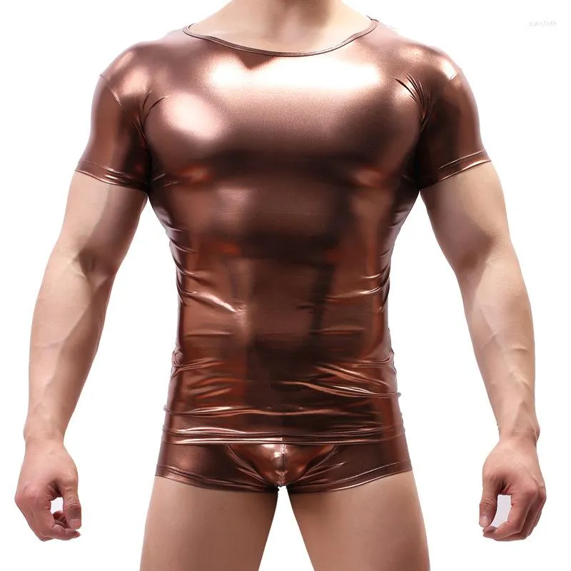 Camisetas masculinas Couro envernizado dourado para jovens Homens Nylon Ice Silk Elastic Stage Performance Calções justos com mangas Camisetas