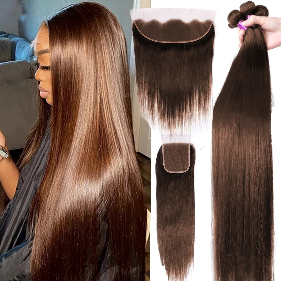 Synthetische pruiken 10 "32" chocoladebruin steil menselijk haar bundels met 4x4 vetersluiting frontale Remy Brazilian Weave 230807