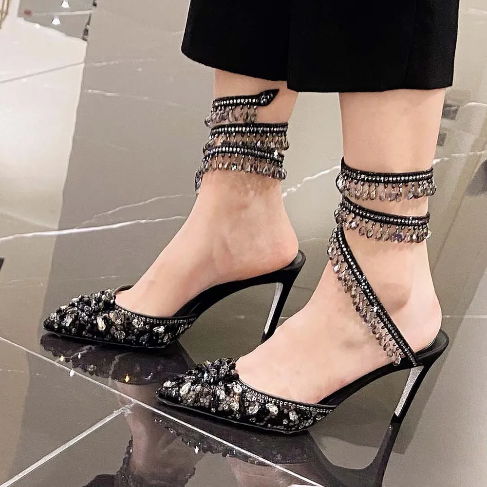 Rene Caovilla Chandelier Crystal-Embellishedankle-wrap Shoes Lace Point-Toe Slingback Pumps 7.5cm 9.5cm女性の高級デザイナーイブニングシーズ