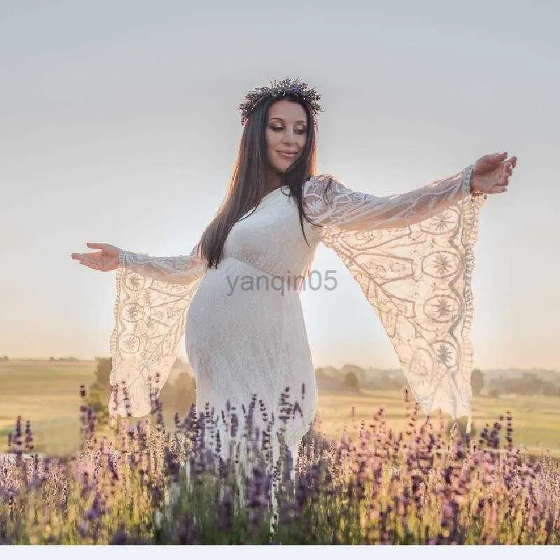 Sukienki ciążowe ciążowe rękawy koronkowe haft haftowy sukienki macierzyńskie Fotografia rekwizytów ubrania sesja zdjęciowa sesja zdjęciowa maxi suknia w ciąży sukienki HKD230808