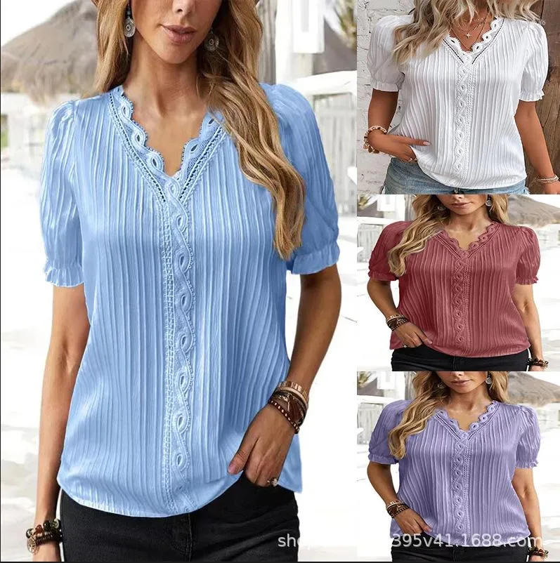 Kvinnors tröjor 2023 Summer European och American Amazon V-Neck Plain Lace Hollow Short Sleeve Shirt