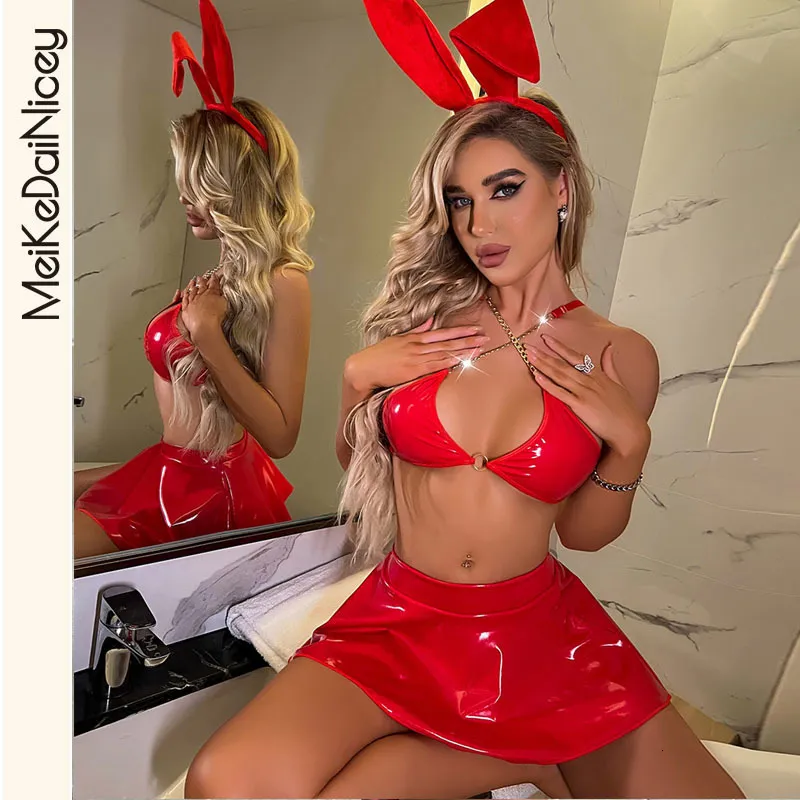 Jupe Sexy MeiKeDai Latex Lapin Lingerie Féminine Femme Nue Pornographie Pvc Fétiche Sissy Tenue Érotique Cuir Nuit Porte Dames 230807