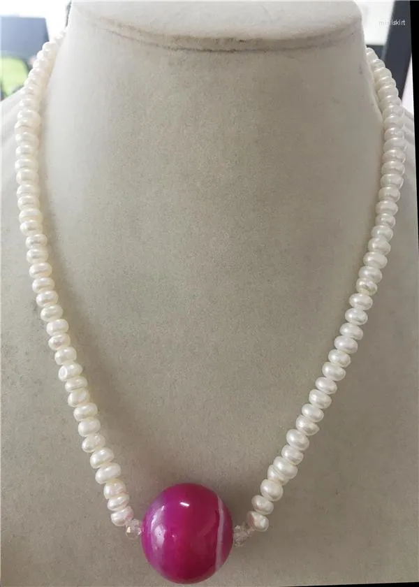 Hänghalsband Habitoo Pretty Natural 4-5mm White Flat Freshwater Pearl 20mm Round Green/Blue/Rose Jade Pandant Bead Halsband för kvinnor