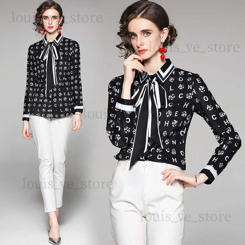 2023 Ontwerper Bedrukte Zwarte Shirts Lange Mouw Vrouwen Runway Button Shirt Kantoor Dames Strik Blouses Lente Zomer Slim Fit Stijlvolle Luxe Tops T230808