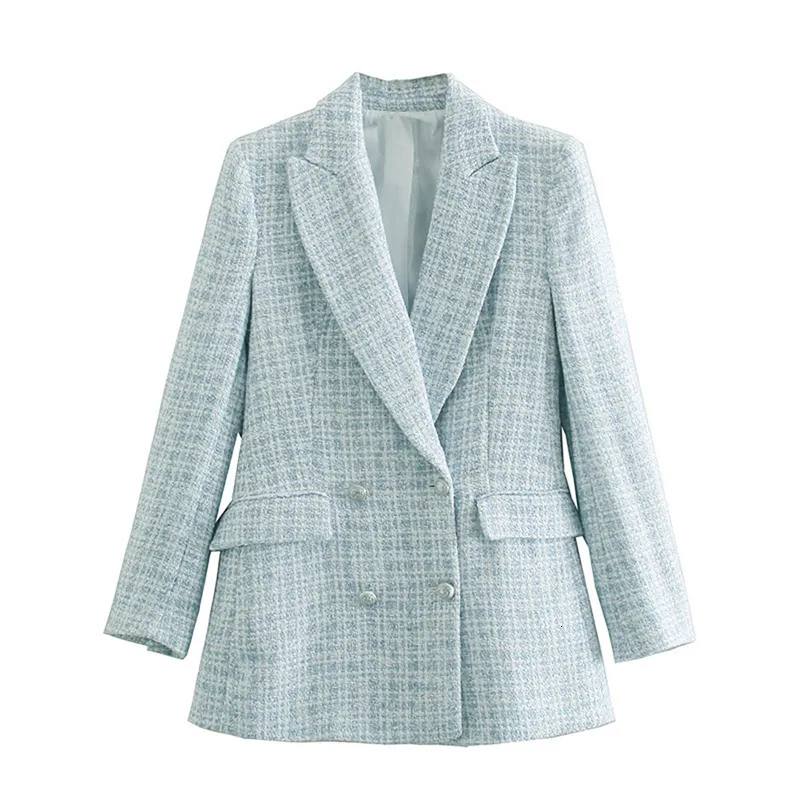 Costumes pour femmes Blazers pied de poule dames Blazer Tweed Vintage à manches longues veste à carreaux haut bureau dame 230807