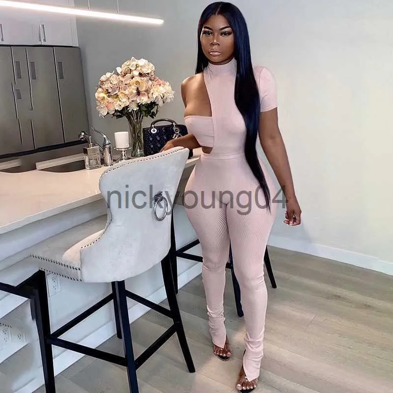 DHgate One Shoulder Ribbed Knit Romper Sexy Hollow Out Slit Hem Flare Pants Jumpsuit Apparel