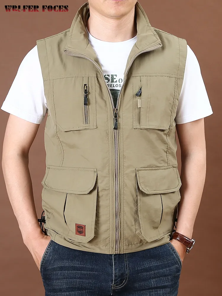 Men's Vests Men's Thin Tooling Loose Quick Drying Vest Men's Outdoor Sports Coat Multi Pocket Stand Collar Vest Spring Camping Fishing Vest 230807