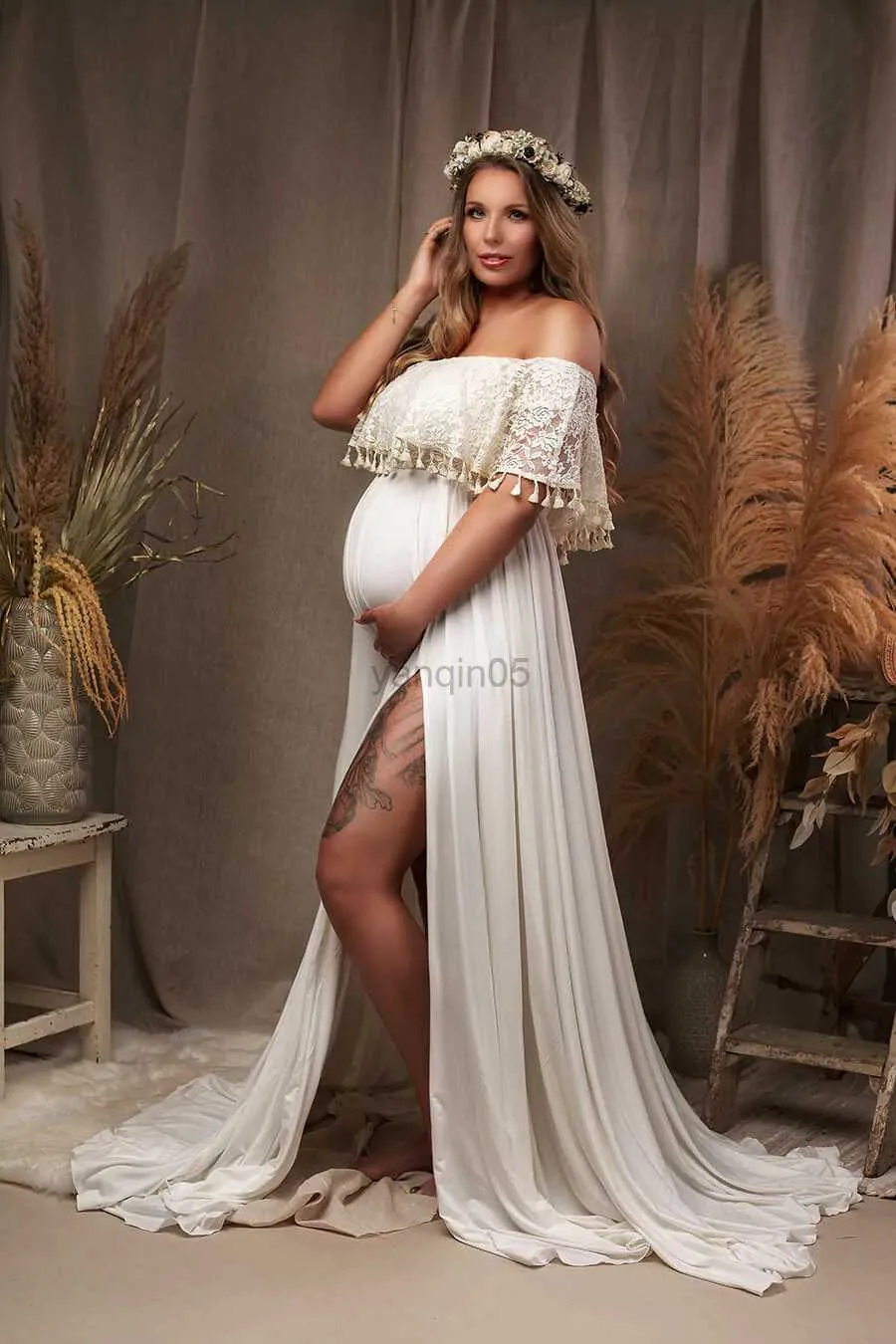 Maternity Dresses Maternity Photography Props Dress Shoulderless Lace Maternity Photo Shoot Outfit Bohemian Pregnant Woman Dress For Photography HKD230808