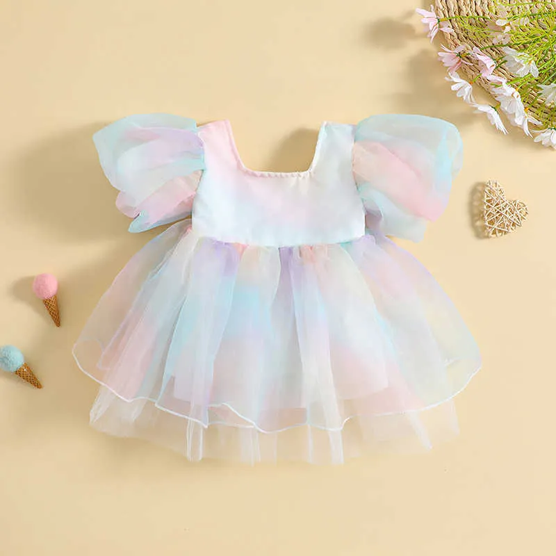 女の子のドレスMa Gaun Bayi Perempuan Balita Anak-Anak-Anak Gaun Ulang Pernikahan Pesta Tutu Pelangi Lengan Puffle Untuk Anak Perempuan Musim Panas