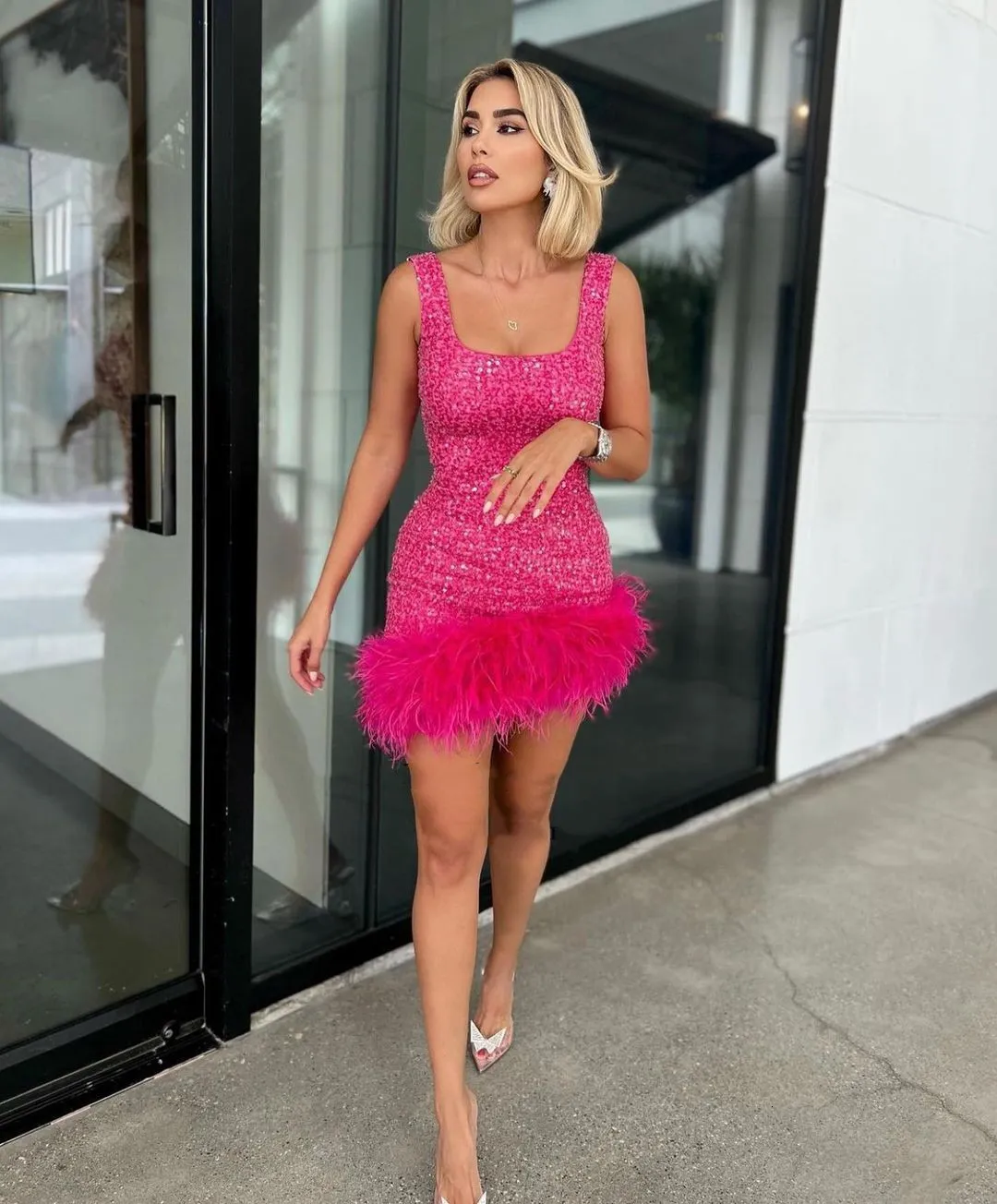 Off-Shoulder Sequin Mermaid Prom Gown with Feathers - Urban Sexy Sparkly Party Dress for Women (Short Mini)