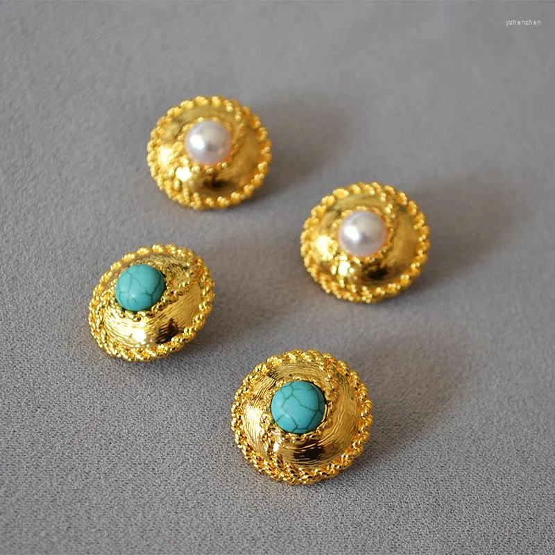 Stud Earrings European And American French Court Medieval Style Inlaid Imitation Pearl Turquoise Disc Exaggerated Female