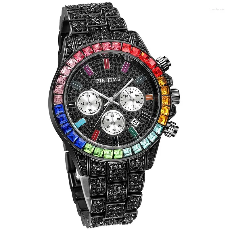 Orologi da polso PINTIME Orologio da polso da uomo Orologio da uomo Zegarek Meski Montre Quartz Uomo Luxury Full Diamond Hip Hop Gold Black Iced Out Watches