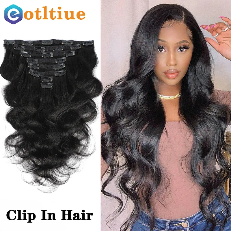 Clip en dentelle dans les cheveux humains vague de corps brésilienne 8 pièces ensemble couleur noire naturelle Ins 8 26 pouces 120G 230807