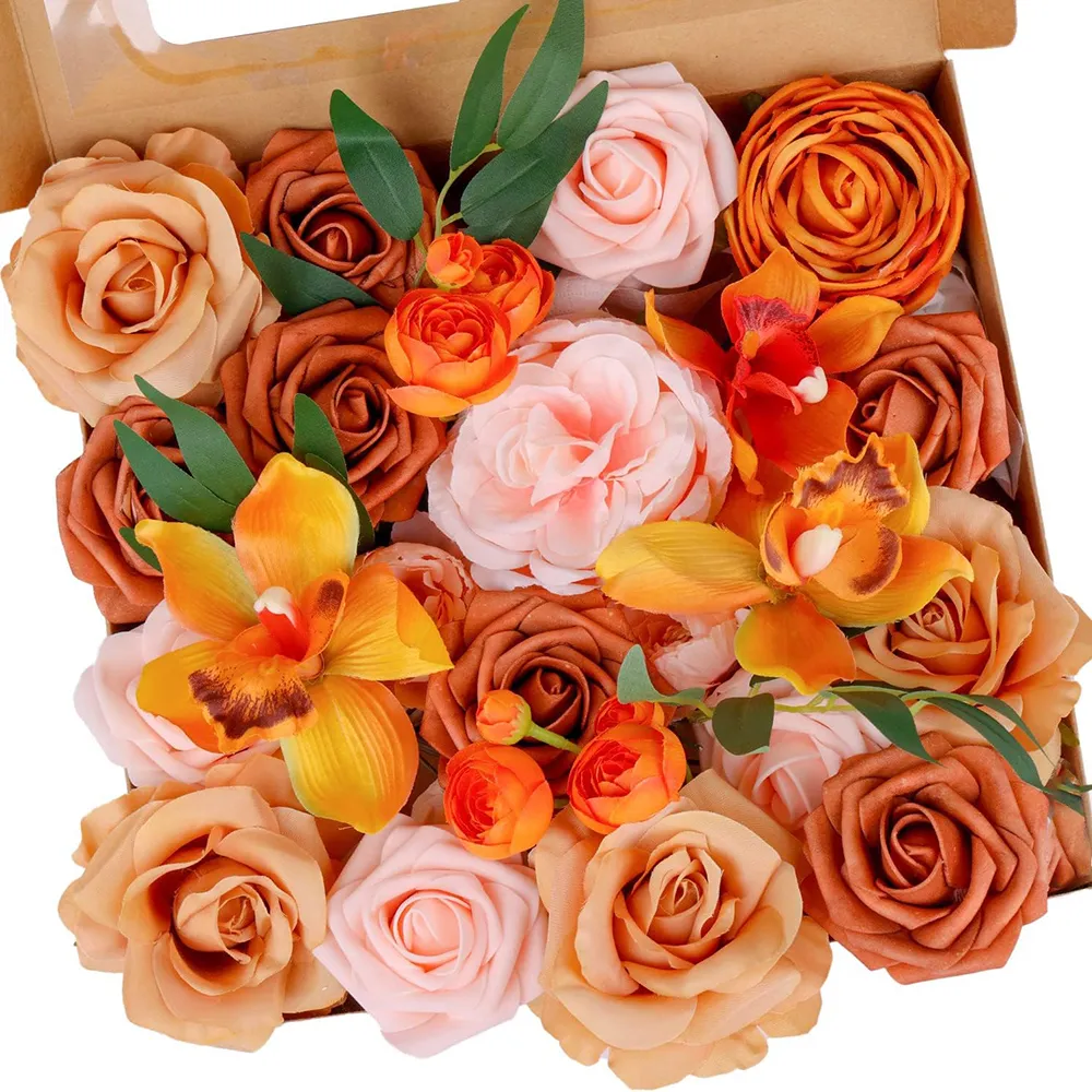 Couronnes de fleurs décoratives Yan Brûlé Orange Roses Artificielles Ensemble de Boîte Combo de Fleurs pour DIY Automne Automne Boho Mariage Bouquet de Mariée Arrangement Décoration 230808