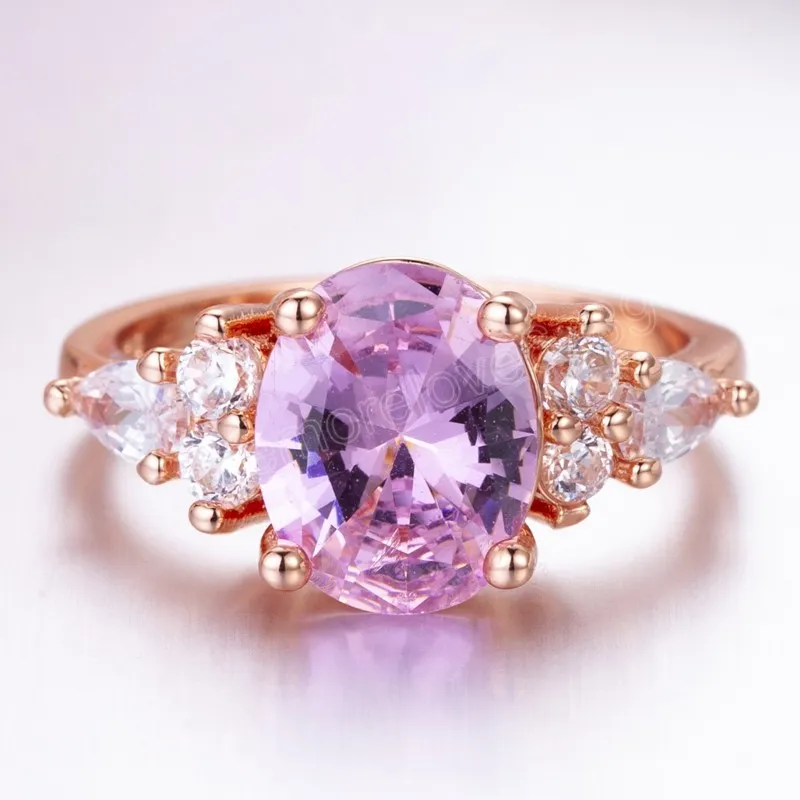 Elegancki różowy kryształowy sześcien cyrkon pierścionek księżniczki wesel