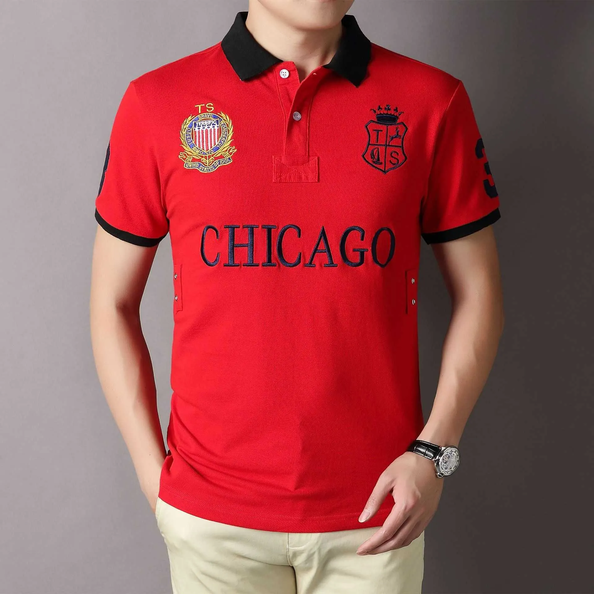 Nieuw poloshirt heren korte mouwen Chicago Royal Casual Sports Color Block Pure Cotton Embroidery Europese maat