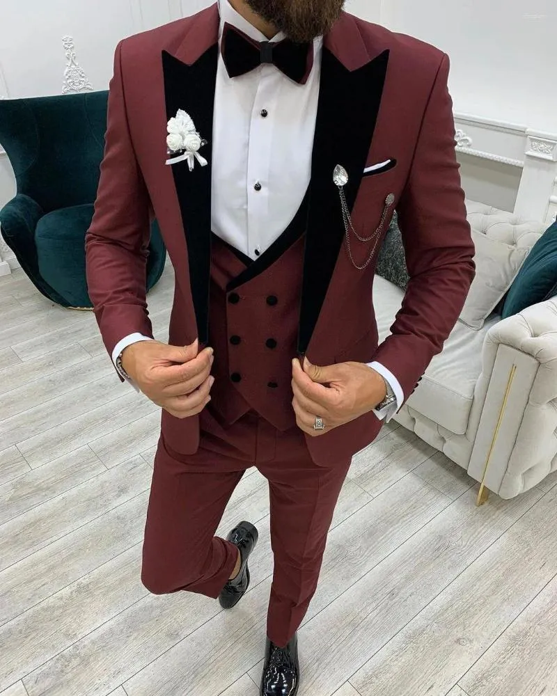 Men's Suits (Jacket Pants Vest) 2023 Wine Red Suit For Work Male Beach Wedding 3 Piece Prom Party Evening Classic Set Custom Made