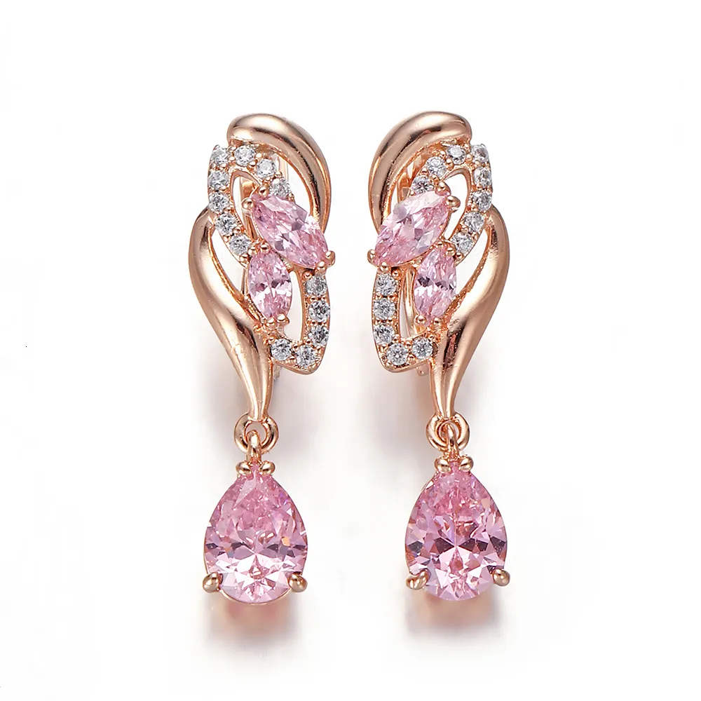 Dangle żyrandol Hanreshe kroplowe kolczyki Jakość sześciennej cyrkonu Rose złoto Kolor różowy kryształowy kolczyka moda biżuteria