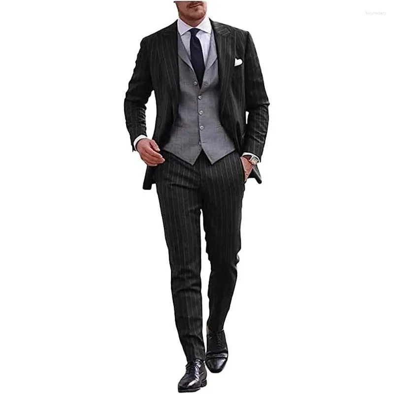 Men's Suits Three Piece Suit Elegant Mens For Wedding Man Slim Fashion Striped Fabric Groom Dress Blazers Male Full