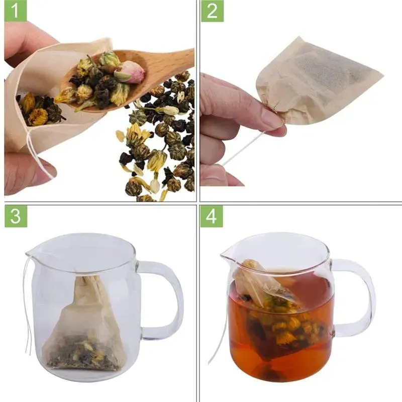 Paper Tea Bag Tea Strainers Natural Unbleached Wood Pulp Paper Disposable Tea Infuser Empty Bags with Drawstring Pouch 