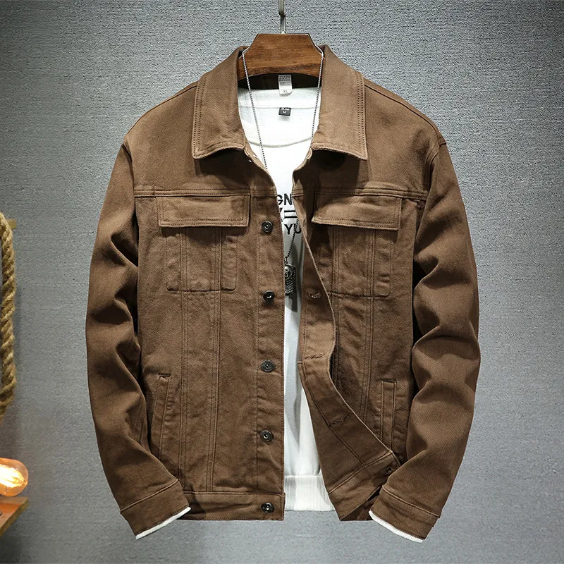 Мужские куртки Мужская коричневая джинсовая куртка Весенне-осенняя модная эластичная приталенная куртка высокого качества Джинсовая мужская брендовая одежда 230807
