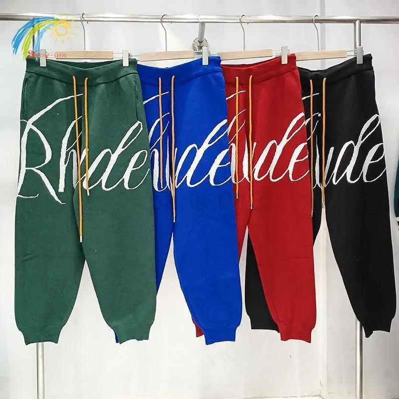 Herenbroeken Groen Zwart Blauw Rood Vintage Rhude Gebreide Joggingbroek Heren Dames Hoge kwaliteit Grote jacquard Casual trekkoord