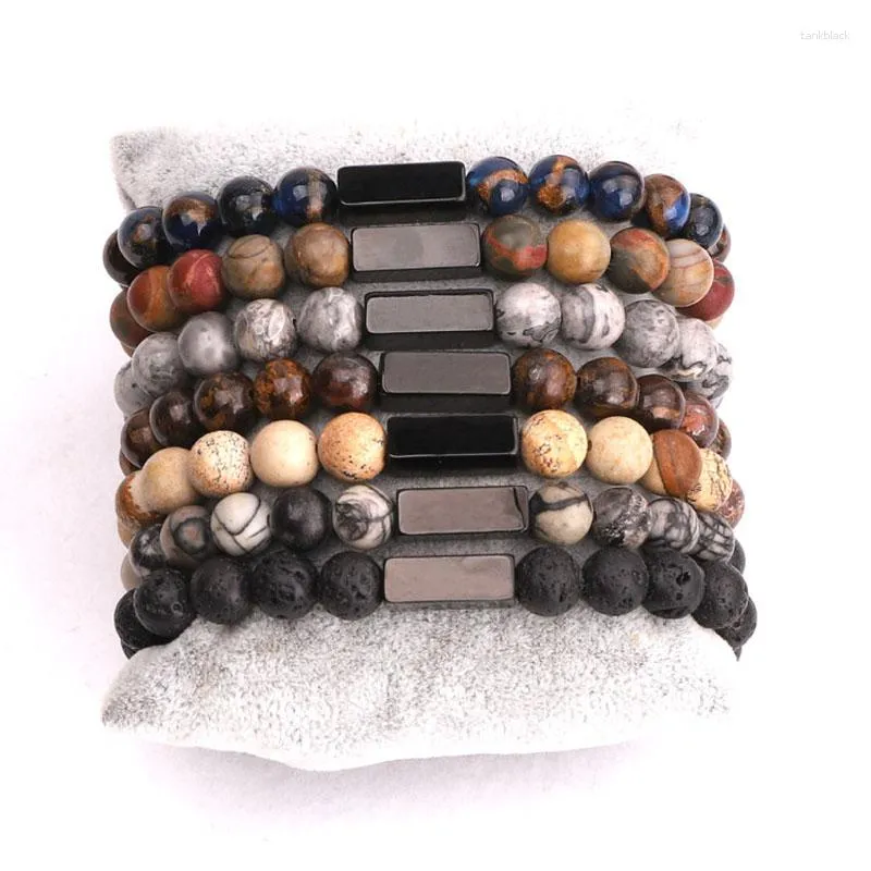 Strand Hommes Bijoux Pierre Naturelle Texte Personnalisé Laser En Acier Inoxydable Charme Mâle Perlé Bracelet Élastique Femmes