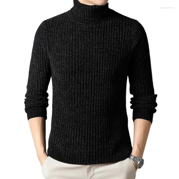 メンズセーター冬のハイネックセーターファッションカジュアルストライプニット暖かい濃厚なプルオーバー