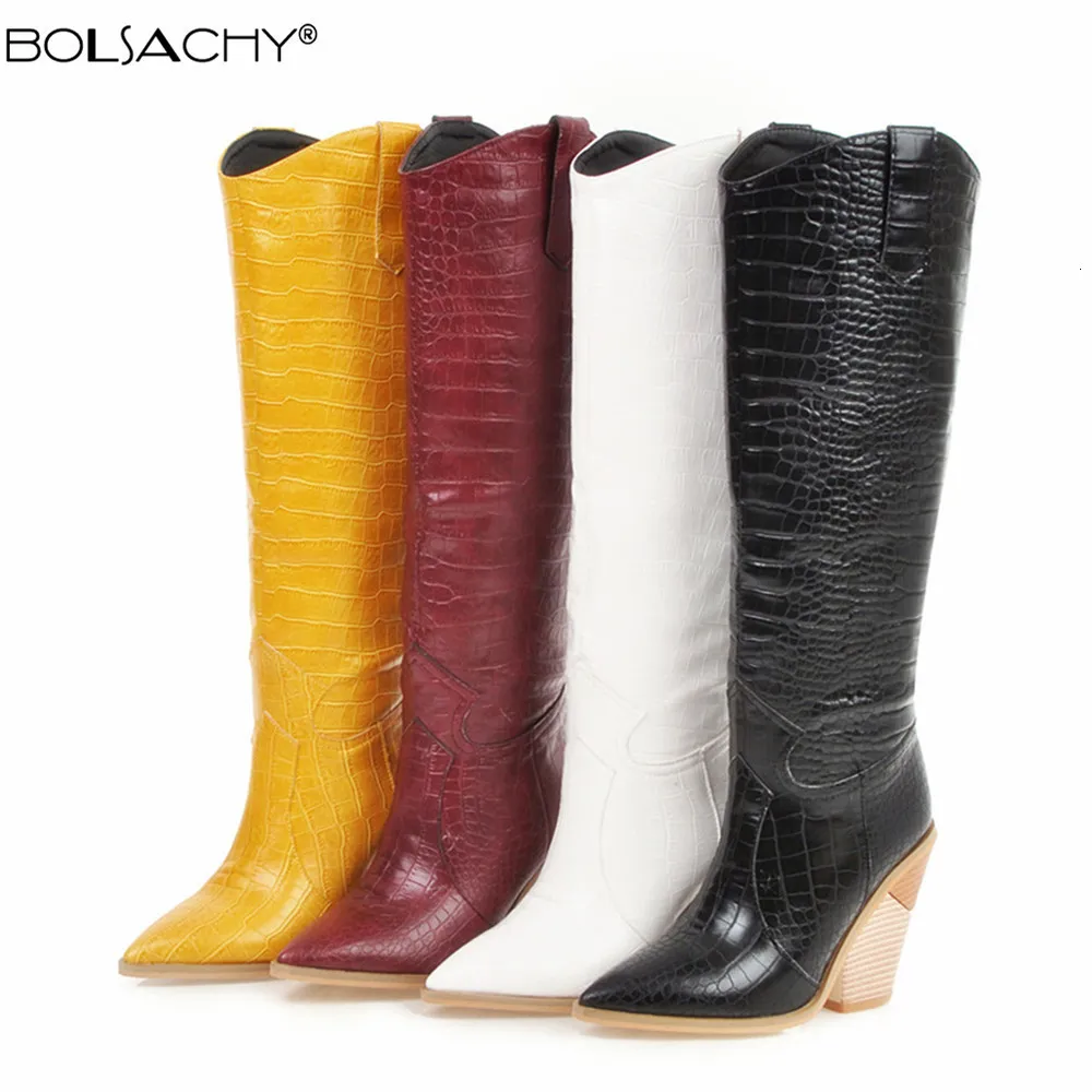 588 Fashion High Knee Boots Western Cowboy Boats for Women Long Winter Point Toe Cowgirl Wedges Motorcykelstövlar Yellow Red 230807 a