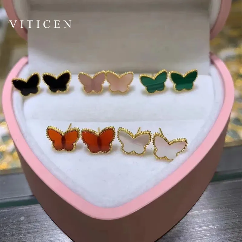Stud VITICEN Original 18K Gold Butterfly Earrings Fritillary Red Agate Malachite AU750 Gift For Women Classic Cute Fine Jewelry 230807