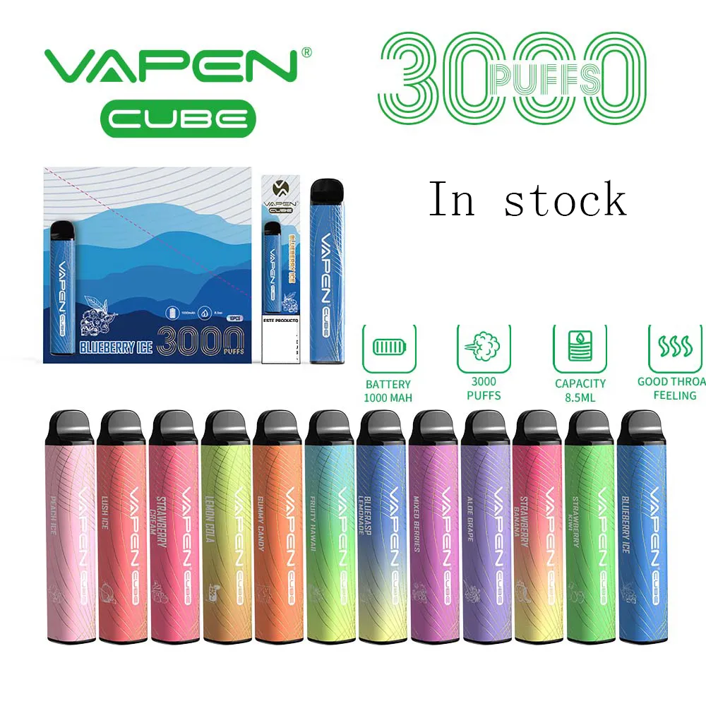 Originele VAPEN CUBE 3000 PUFFs Wegwerp Vape Pen E-Sigaretten Kits 1000mAh Batterij 8.5ml Capaciteit Draagbare Vaporizer Voorgevulde Bars Starter Kit Vapor 0%/2%/5% Opties