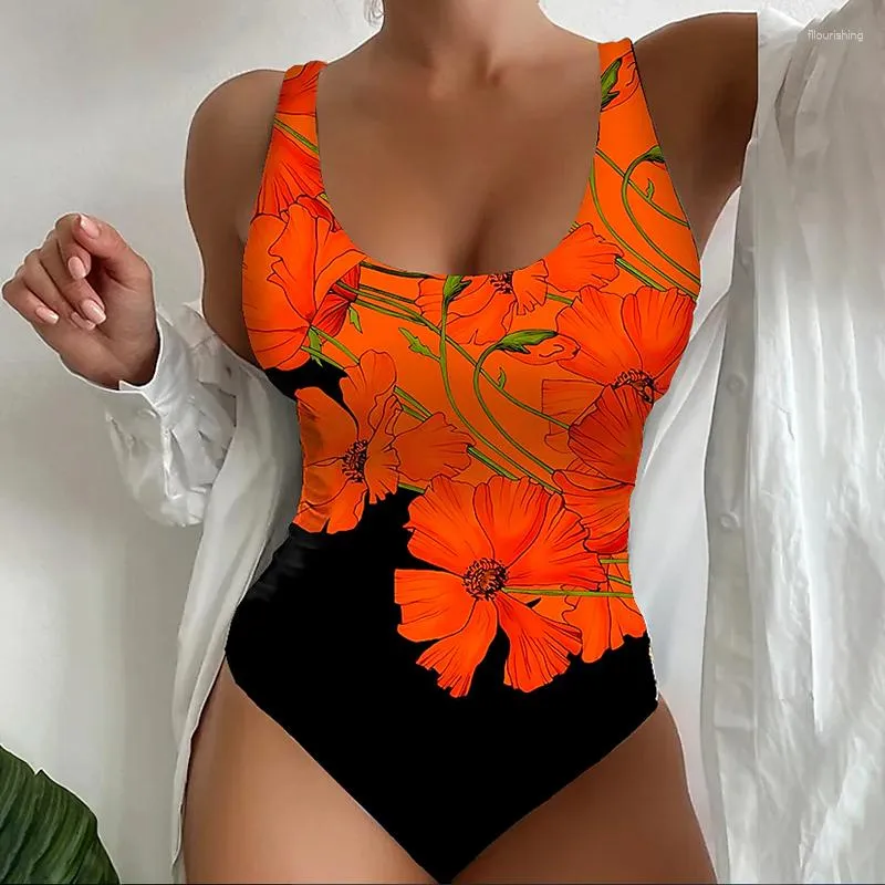 Women's Swimwear 2023 Summer Holiday Beachwear Biquini Female Pattern Print One Piece Swimsuits Fashion U Neck Backless Push Up Bodysuit