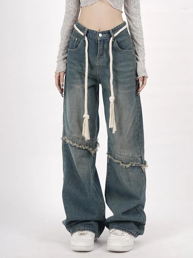 سراويل جينز للسيدات هاراجوكو سيدات y2k عتيقة زرقاء عالية الخصر الشارع في التسعينات