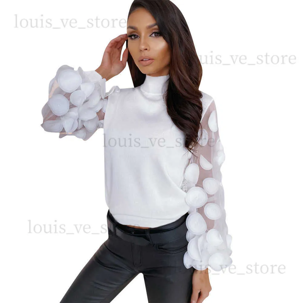 Kvinnor Turtleneck Mesh Flower Long Sheer Sleeve Sweater Top Pullover Blus Shirt T230808
