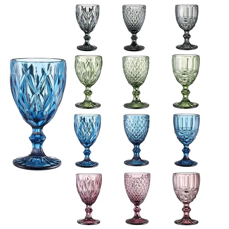 Vintage Wine Tail Glass Cups Golden Edge Multi -gekleurd Glaswerk Wedding Party Groen Blauw Purple Pink Goblets 10oz FY5509