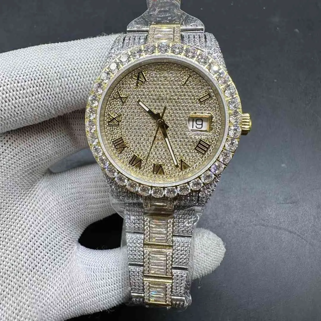 Orologi da uomo ghiacciati Cassa in oro giallo 2 toni 41mm Diamanti Quadrante con diamanti romani Bracciale con diamanti Pietre CZ Orologio lucido