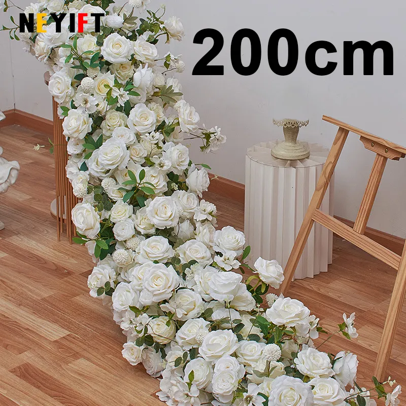 Dekorativa blommor kransar 200 cm vit ros hortensia blommor båge konstgjorda rad gröna växter löpare bröllop bakgrund blommor väggparti rekvisita 230808