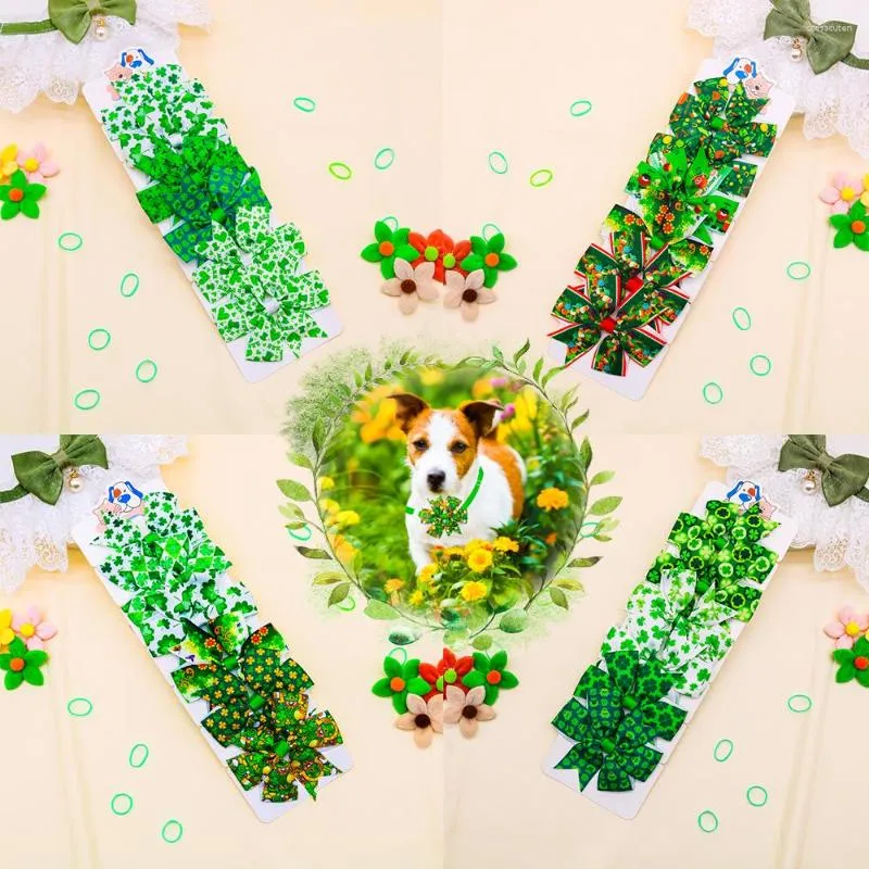 Hundkläder 6st/set St. Patricks Day Bow Tie Green Grooming Bowknot Shamrock Four Leaf Justerbar krage för tillbehör