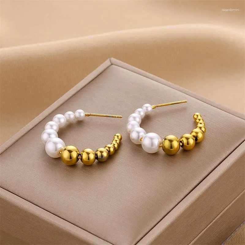 Hoop Earrings 316L Stainless Steel Ball Pearl Stud For Women Fashion Trendy Gold Color Ear Jewelry Party Wedding Gift Drop