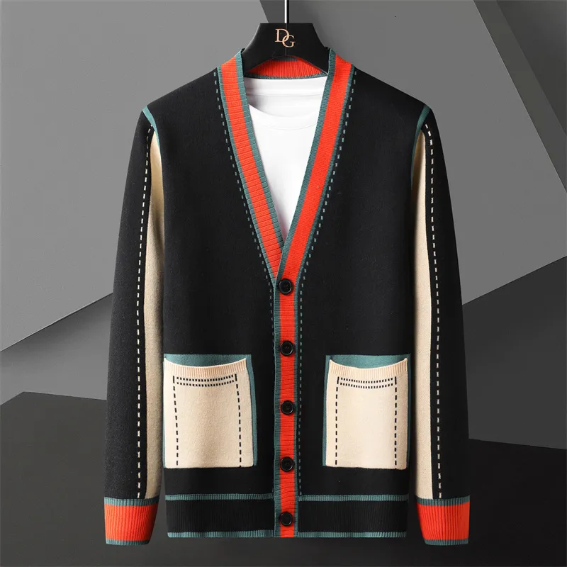 Pulls pour hommes de haute qualité couleurs contrastées ligne décoration tricot Cardigan homme à manches longues Slim Fit pull Cardigan mâle vêtement manteau 230807