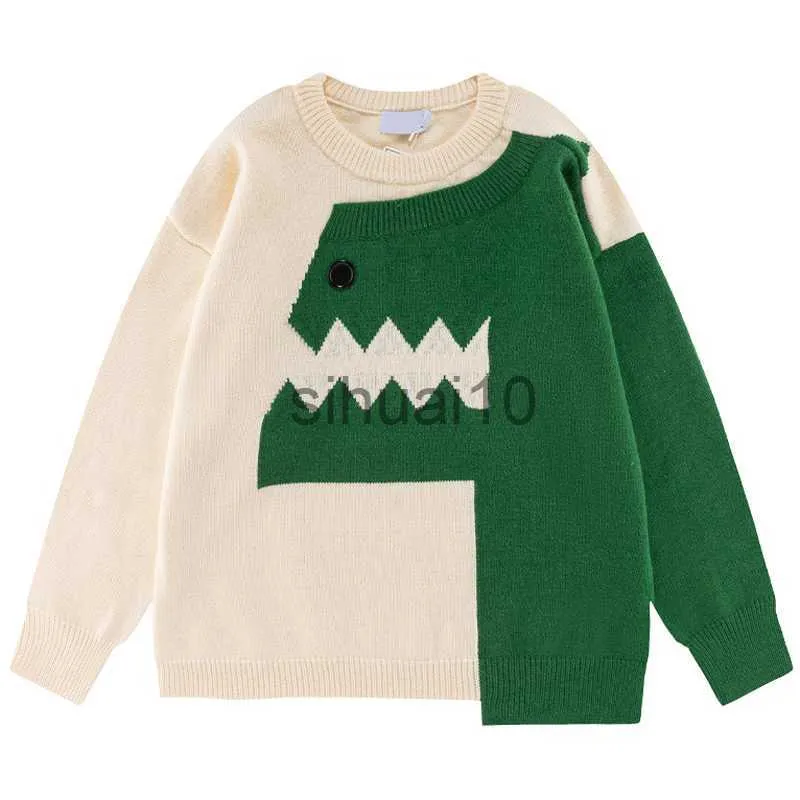Men's Sweaters Japanese Patchwork Round Neck Sweater Cute Dinosaur Fashion Casual Pullover Couple Street Harajuku Knitwear Autumn and Winter J230808