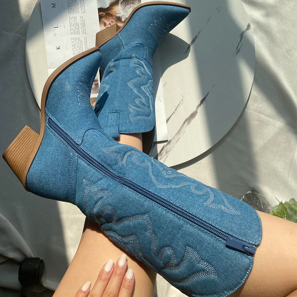 Denim Vintage Blue 102 Cowboyfrauen gestickt Pointy Toe Square Heeled Mid Cal West Stiefel Schuhe 230807 a