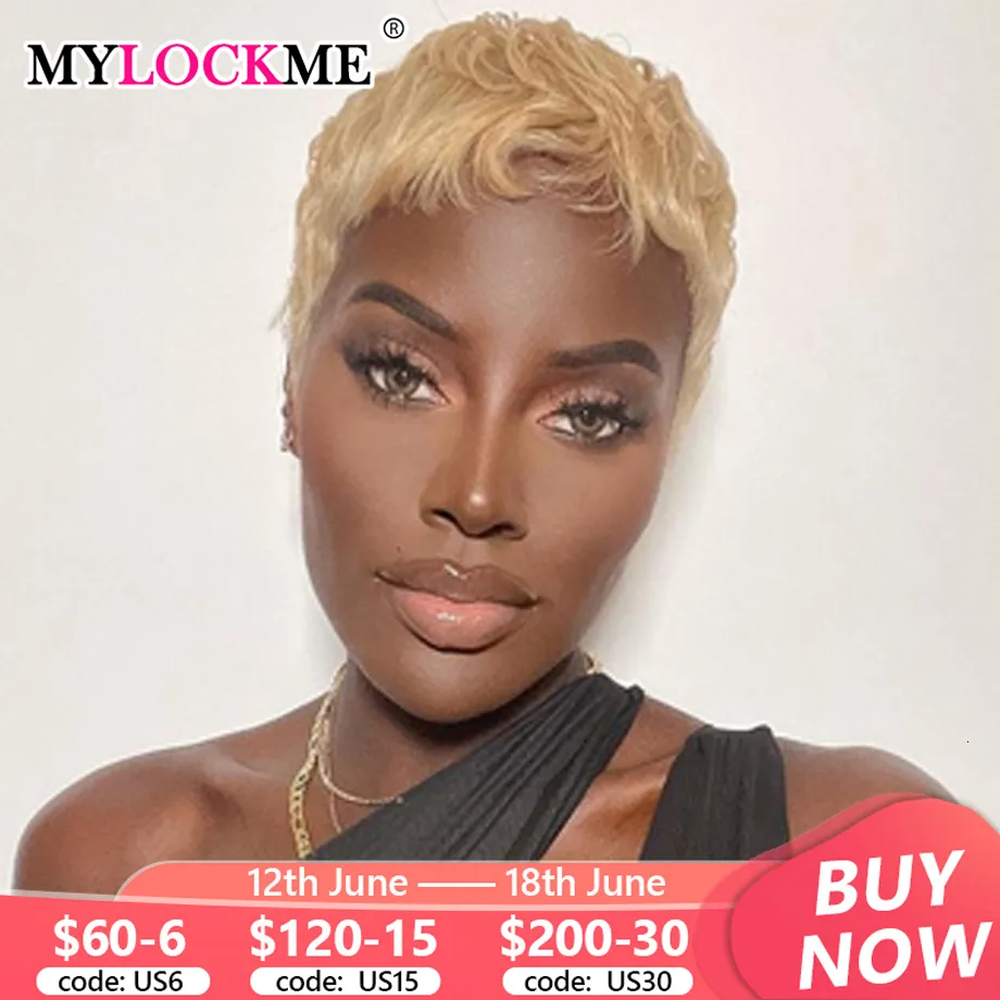 Syntetiska peruker Kort mänskligt hår 27 Pixie Cut Straight Bob Wig For Black Women 100 Brasilian Non Lace Full Machine 230807