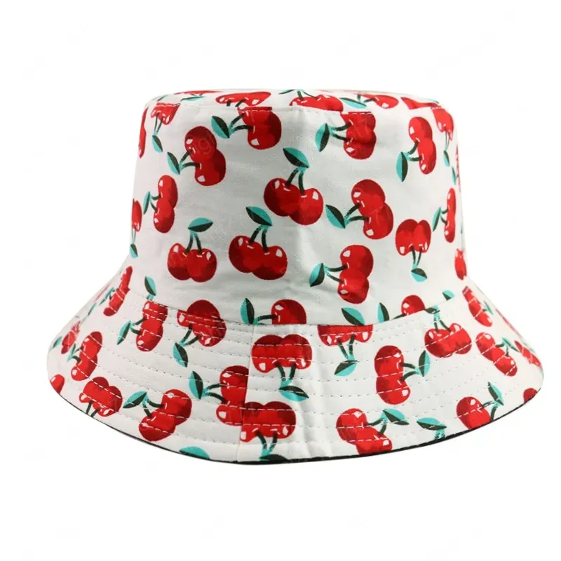 New Fashion Spring Summer Black White Cherry Bucket Hats Beach Sun Fishing Caps Gorras Women Mens