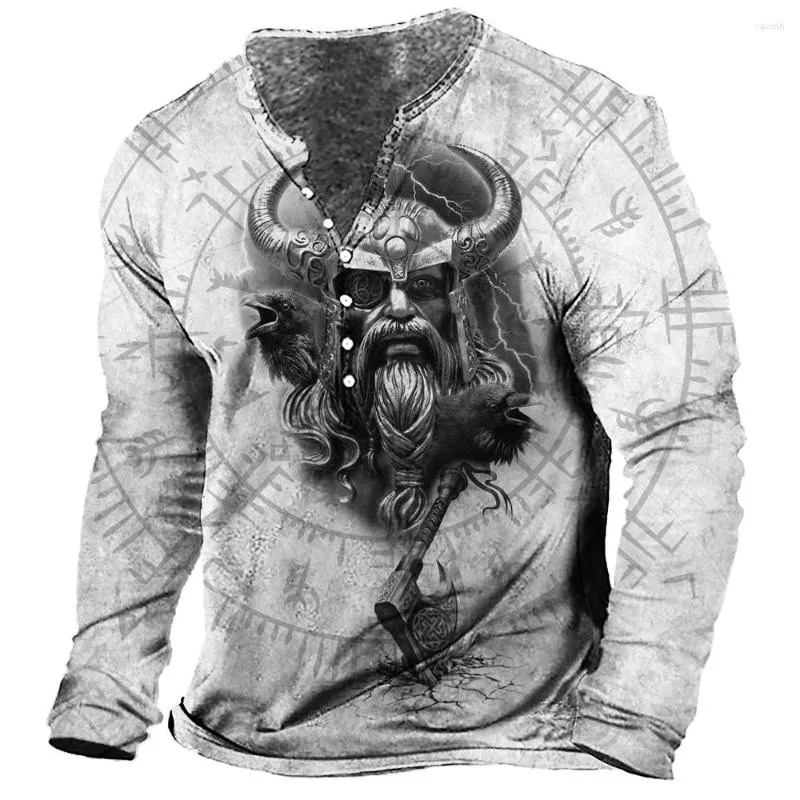 Herren T-Shirts Baumwolle Langarm T-Shirt für Herren Viking Print Henley Shirt Tops Street Outdoor 3D Übergroße T-Shirt Herrenbekleidung